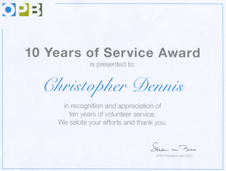 OPB 10-Year Volunteer Certificate